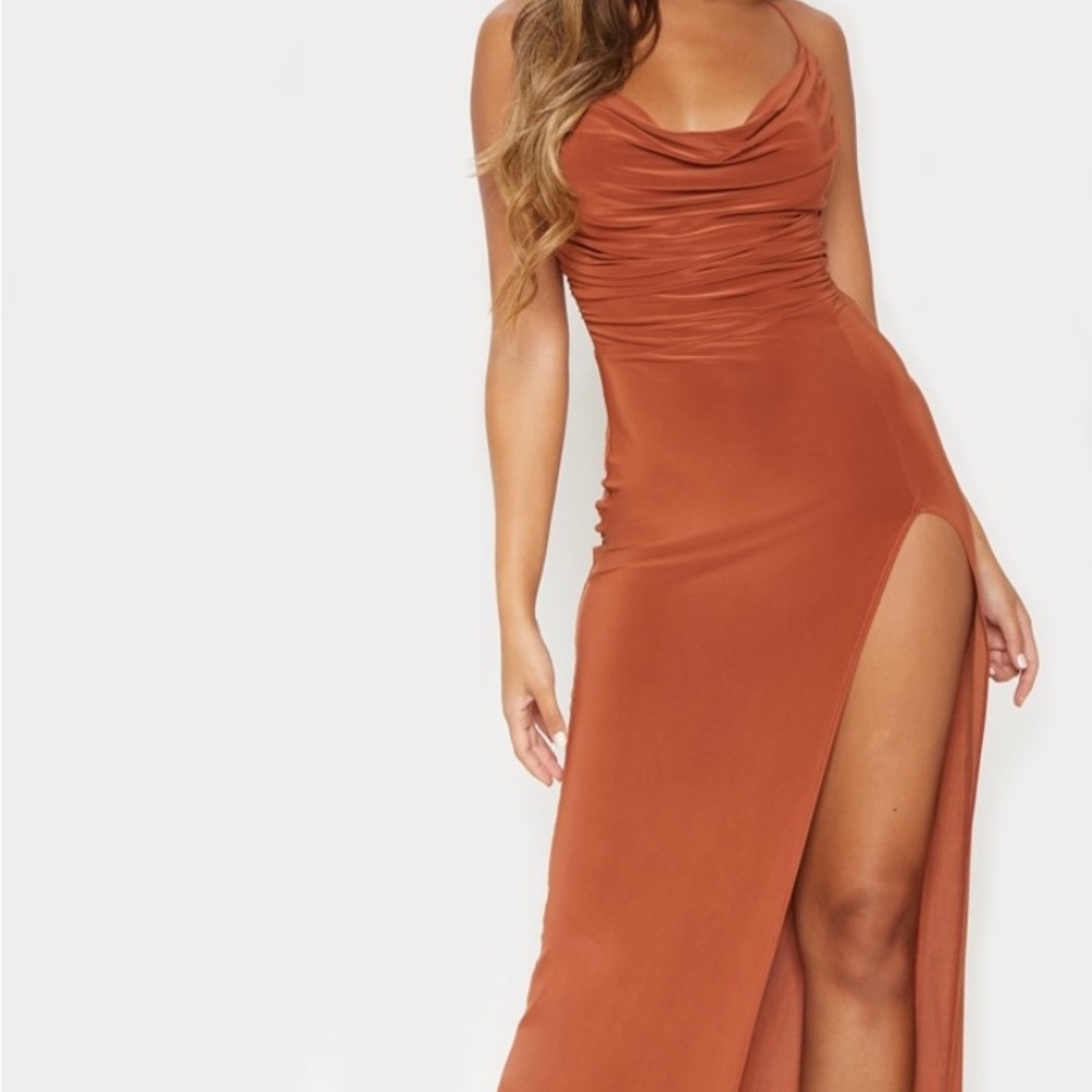 Terracotta Slinky Ruched Drape Split Leg Maxi Dress